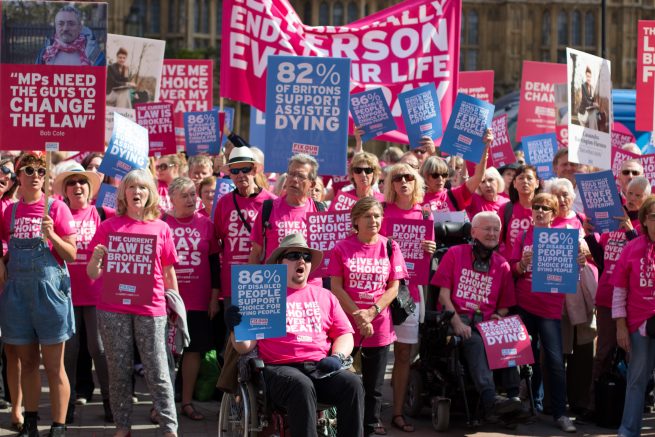 Feature image showing Dignity in Dying protest march on Westminster and UK parliament t-shirt and placard design by Jan Thompson Graphic Design