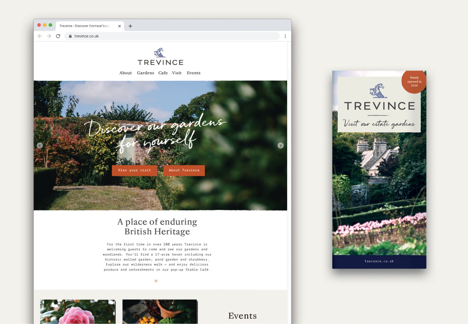 Feature image for Trevince Estate, Garden and Cafe logo and brand identity responsive website and leaflet