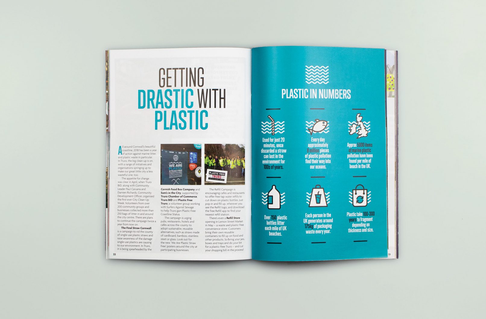 Feature image for Truro Guide magazine layout editorial design and layout for Plastic Free Cornwall and Surfers Against Sewage